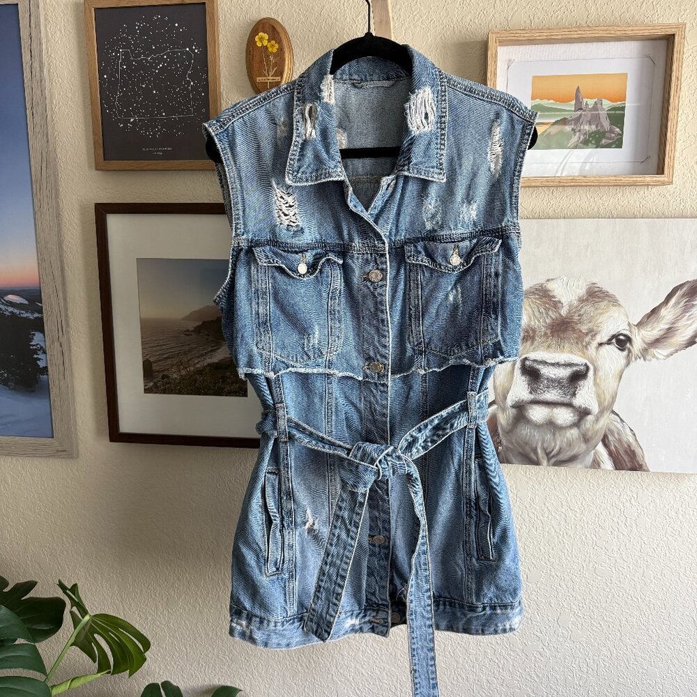 Vintage sleeveless ripped denim button up dress vest